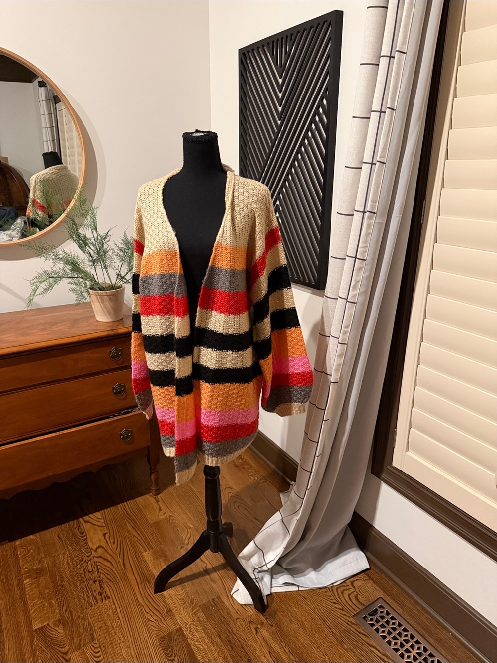 BiBi Chunky Striped Open-Front Cardigan in Cream, Black & Pink medium